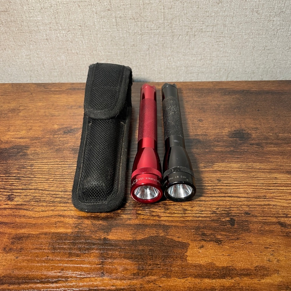 Maglite Mini AA Flashlight Bundle Red and Black with Nylon Belt Holster 2 Pack